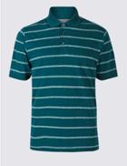 Marks & Spencer Pure Cotton Striped Polo Shirt Dark Teal