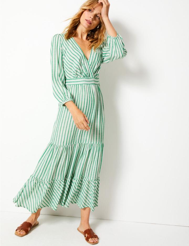 Marks & Spencer Striped Waisted Maxi Dress Green Mix