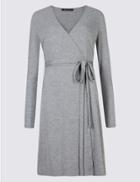 Marks & Spencer Wrap Long Sleeve Skater Dress With Belt Grey Marl