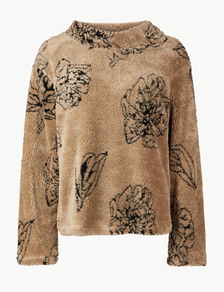 Marks & Spencer Printed Long Sleeve Borg Sweatshirt Camel Mix