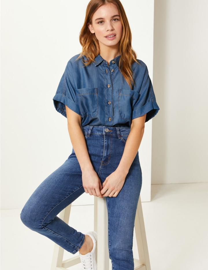 Marks & Spencer Petite Button Detailed Patch Pocket Shirt Denim