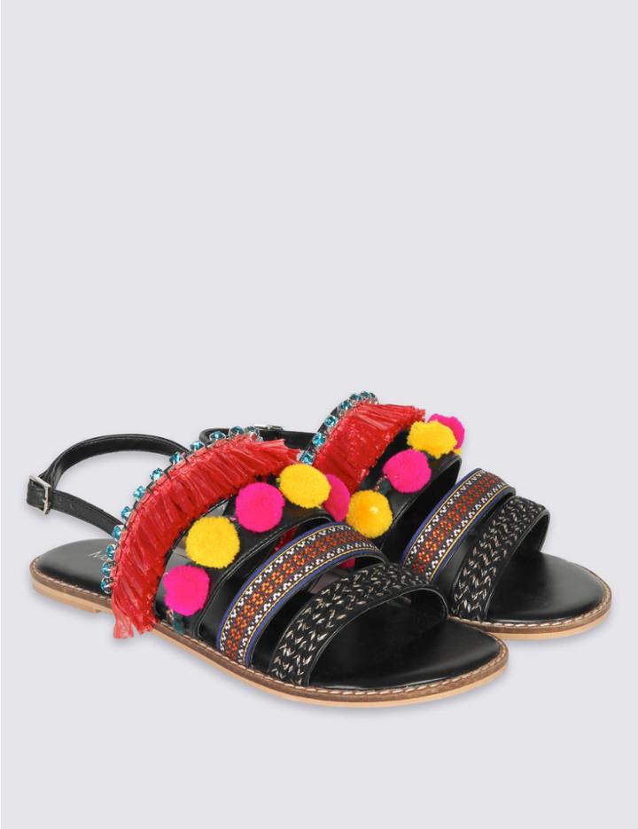 Marks & Spencer Multi Strap Pom Pom Sandals Black Mix