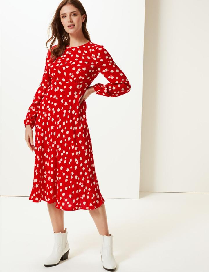 Marks & Spencer Floral Print Midi Dress Red Mix