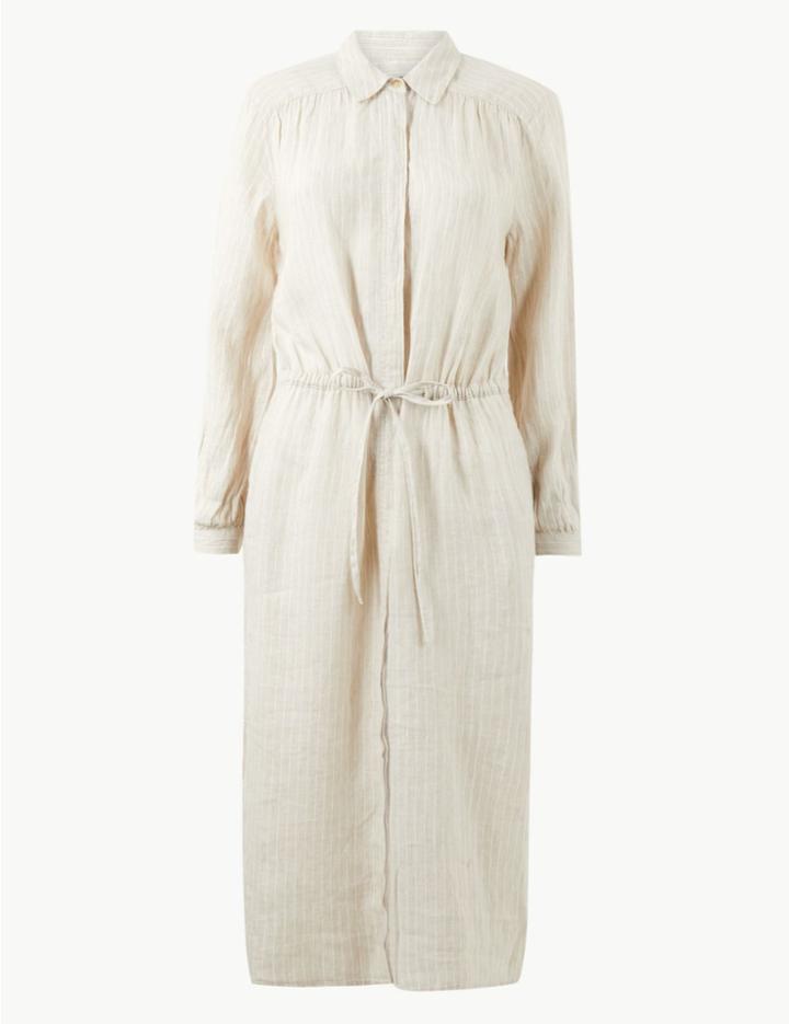 Marks & Spencer Pure Linen Striped Midi Shirt Dress Oatmeal Mix