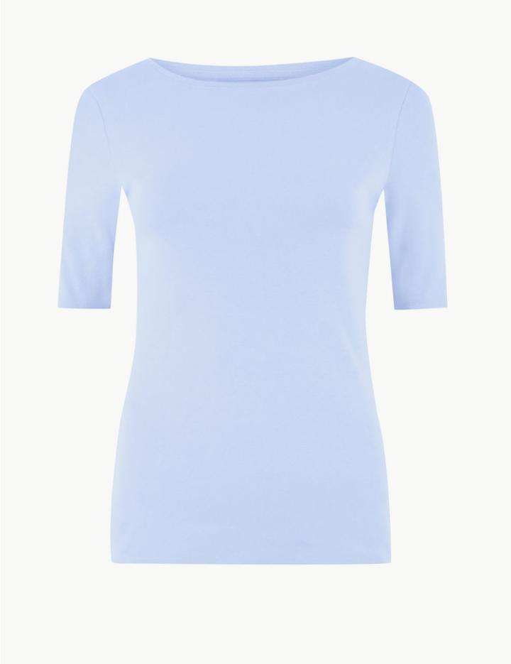 Marks & Spencer Pure Cotton Slash Neck Regular Fit T-shirt Pale Blue