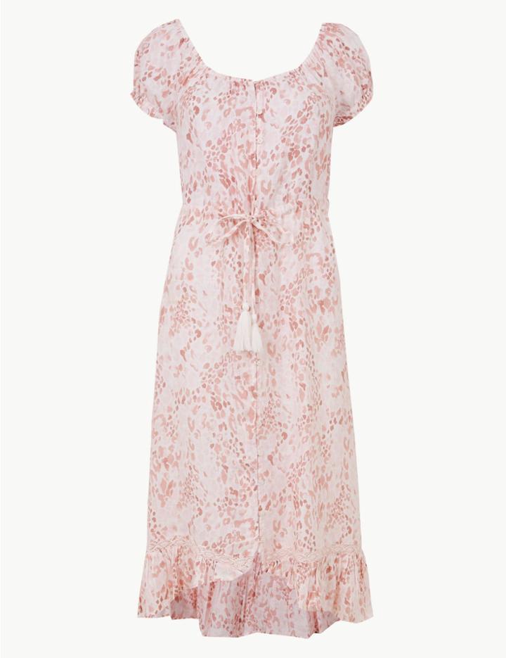 Marks & Spencer Petite Pure Linen Midi Waisted Dress Light Pink Mix