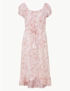 Marks & Spencer Petite Pure Linen Midi Waisted Dress Light Pink Mix