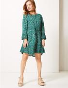 Marks & Spencer Petite Floral Drawcord Relaxed Mini Dress Green Mix
