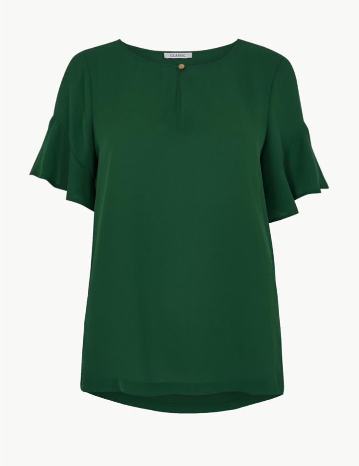 Marks & Spencer Button Detailed Ruffle Sleeve Shell Top Forest Green