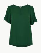 Marks & Spencer Button Detailed Ruffle Sleeve Shell Top Forest Green
