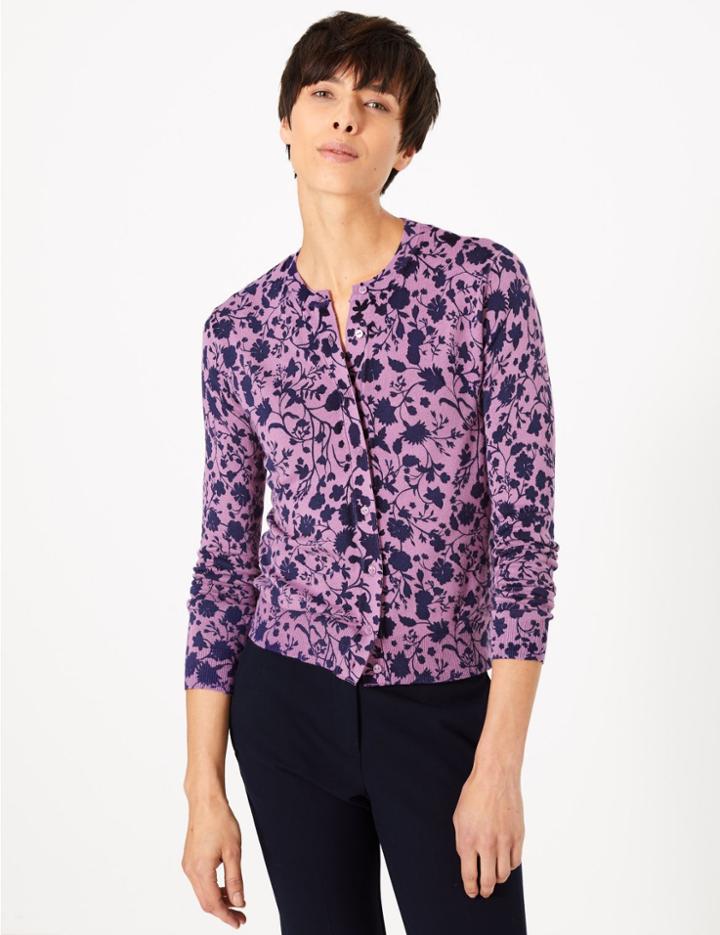 Marks & Spencer Floral Round Neck Cardigan Violet Mix