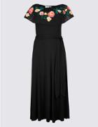 Marks & Spencer Embroidered Short Sleeve Bardot Maxi Dress Black Mix