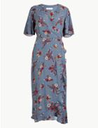 Marks & Spencer Floral Midi Wrap Dress Blue Mix