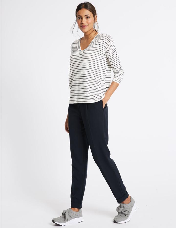 Marks & Spencer Drawstring Pleated Tapered Leg Trousers Dark Navy