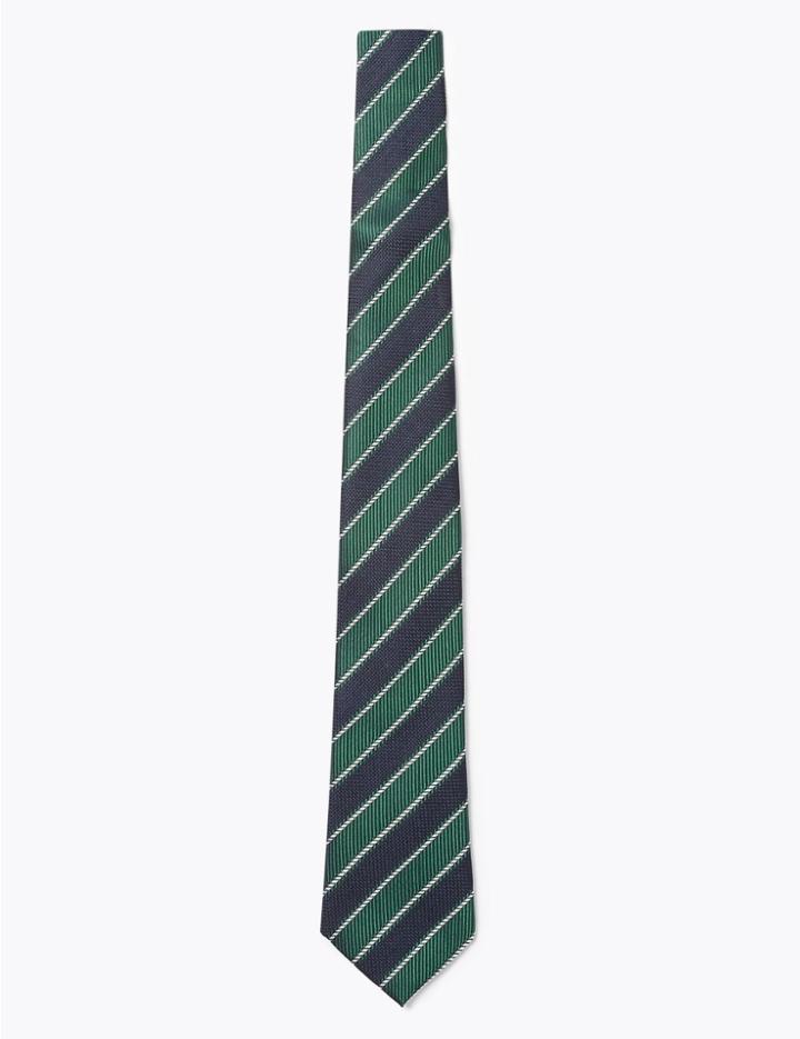 Marks & Spencer Luxury Silk Classic Club Stripe Tie Green Mix