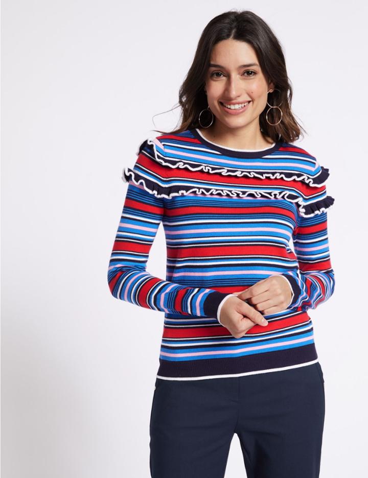 Marks & Spencer Pure Cotton Striped Ruffle Jumper Multi