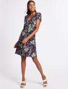 Marks & Spencer Floral Print Short Sleeve Tea Dress Navy Mix