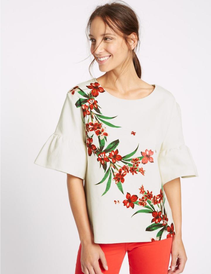 Marks & Spencer Floral Print Flared Sleeve T-shirt Ivory Mix