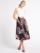 Marks & Spencer Floral Print Satin A-line Midi Skirt Black