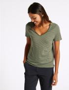 Marks & Spencer Linen Blend Striped Short Sleeve T-shirt Khaki Mix