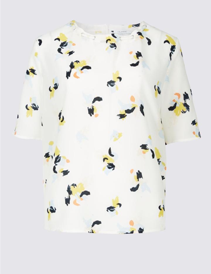 Marks & Spencer Printed Round Neck Half Sleeve Shell Top Ivory Mix