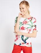 Marks & Spencer Floral Print Ruffle Sleeve T-shirt Ivory Mix