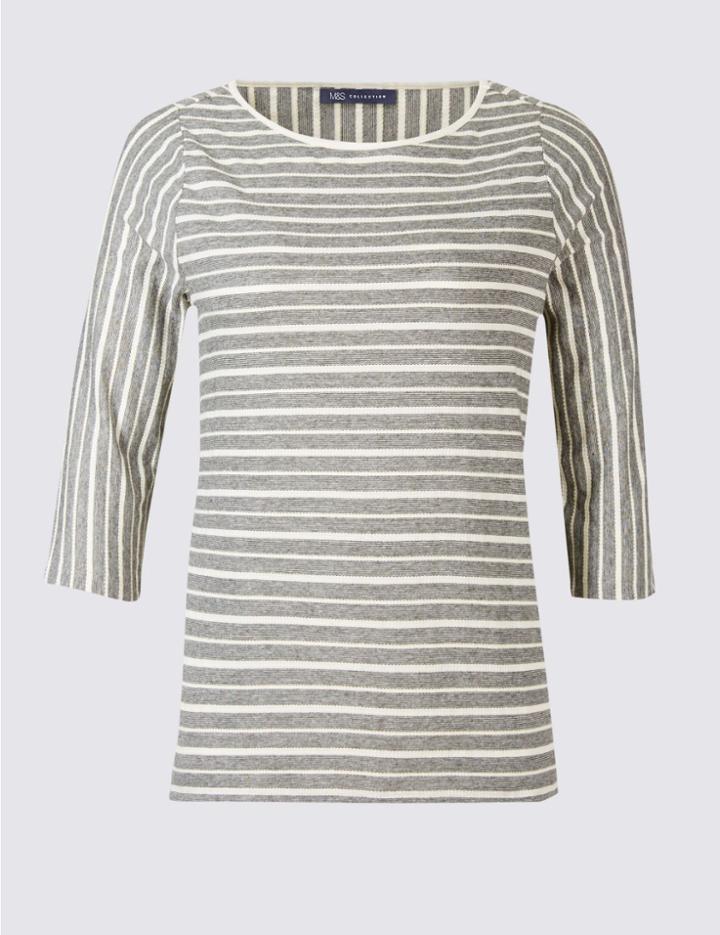 Marks & Spencer Plus Cotton Rich Striped 3/4 Sleeve T-shirt Ivory Mix