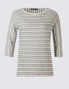 Marks & Spencer Plus Cotton Rich Striped 3/4 Sleeve T-shirt Ivory Mix
