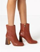 Marks & Spencer Leather Flared Heel Ankle Boots Dark Tan