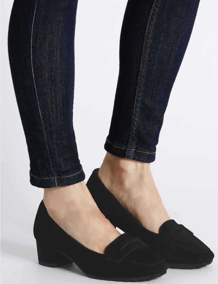 Marks & Spencer Wide Fit Suede Mid Heel Court Shoes Black