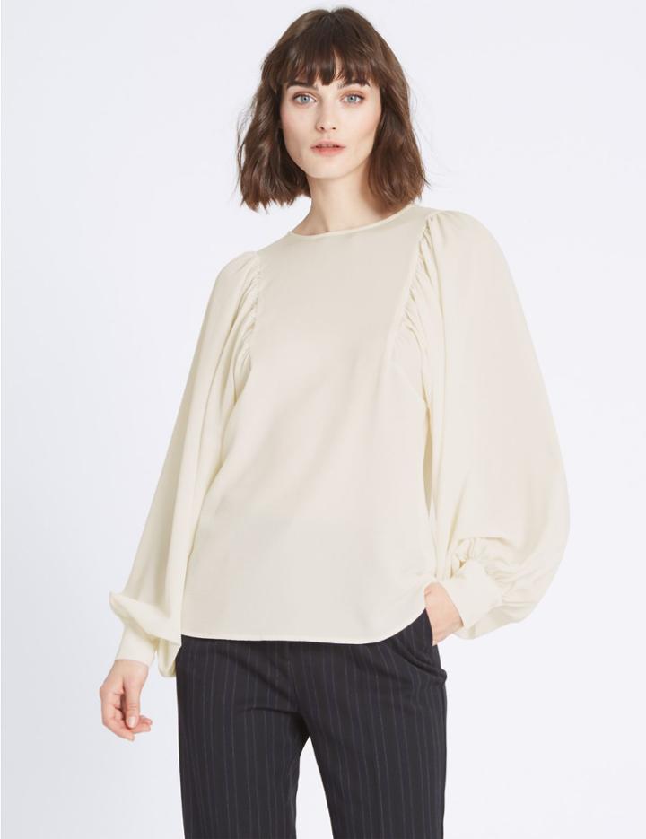 Marks & Spencer Round Neck Pleated Volume Sleeve Blouse Ivory