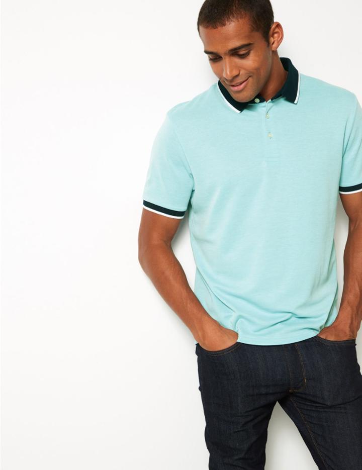 Marks & Spencer Modal Rich Striped Polo Shirt Aqua