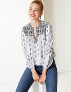 Marks & Spencer Cotton Rich Embroidered Long Sleeve Blouse Ivory Mix