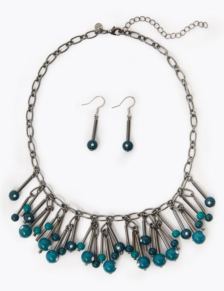 Marks & Spencer Stick Bead Necklace & Earrings Set Blue Mix