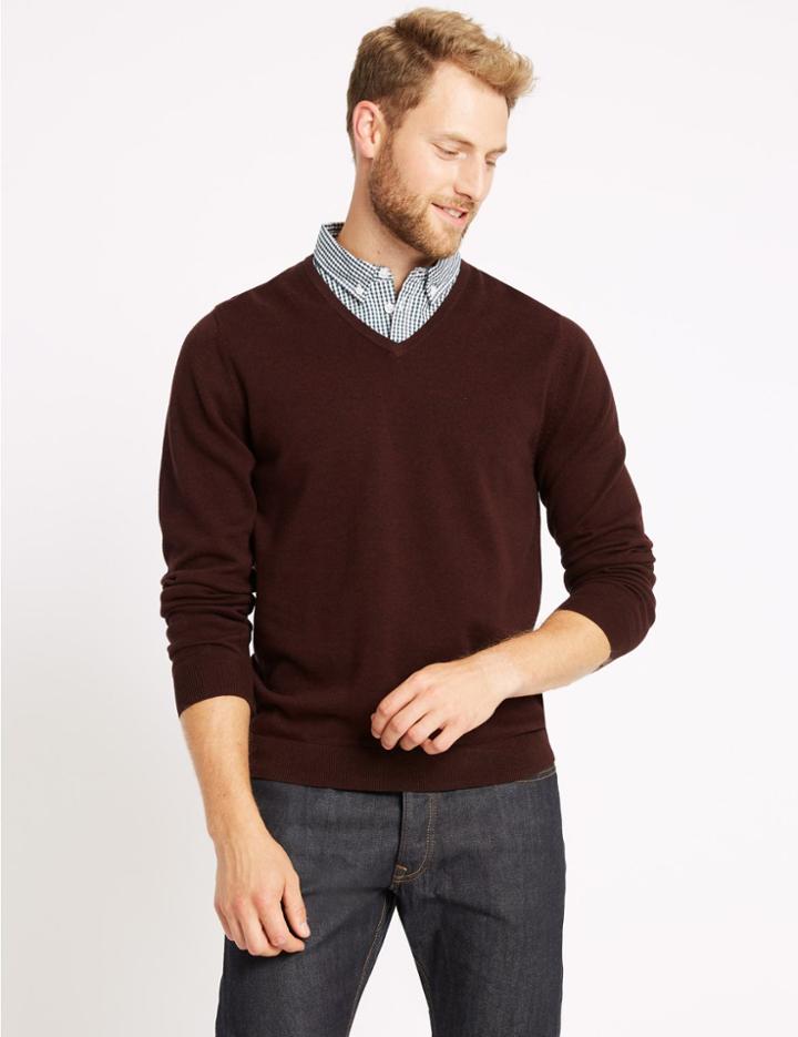 Marks & Spencer Pure Cotton Mock Shirt Jumper Oxblood