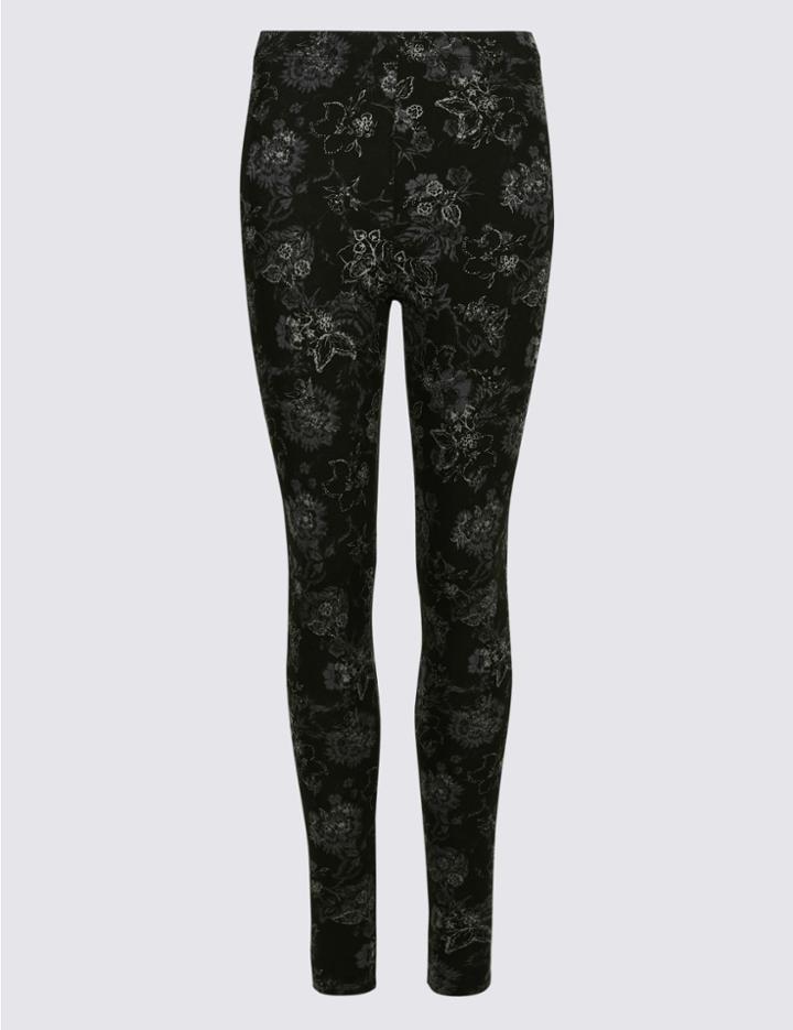 Marks & Spencer Cotton Rich Floral Print Leggings Grey Mix