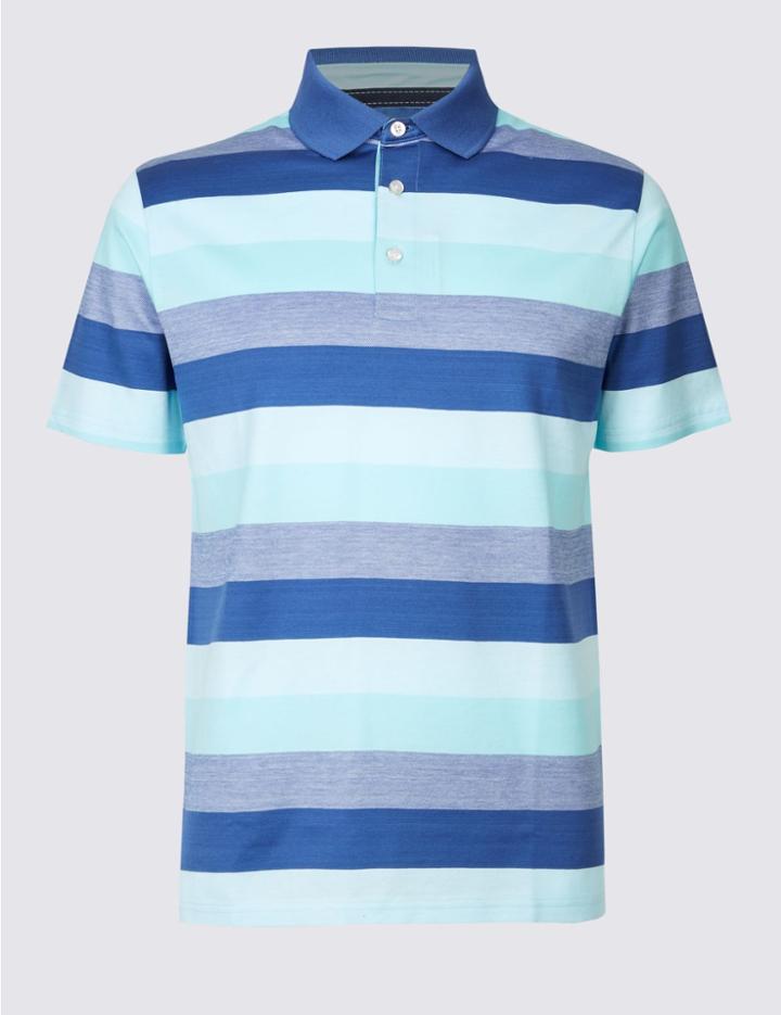 Marks & Spencer Pure Cotton Striped Polo Shirt Aqua Mix