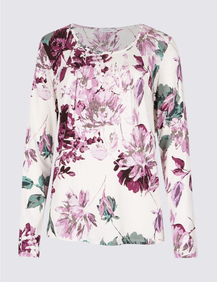 Marks & Spencer Floral Print Pleated Neck T-shirt Ivory Mix