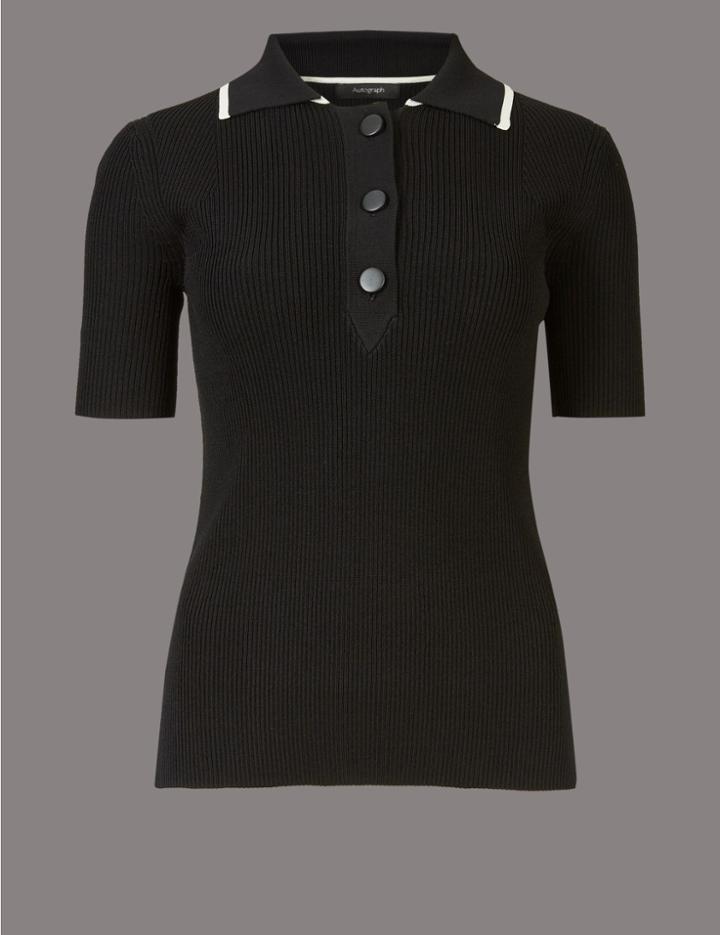 Marks & Spencer Textured Collared Neck Short Sleeve Jumper Black Mix