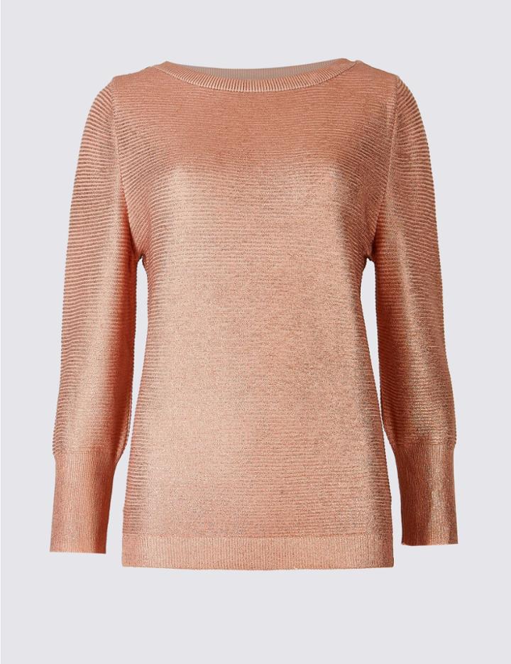 Marks & Spencer Cotton Blend Textured Scoop Neck Jumper Pink