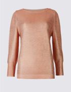 Marks & Spencer Cotton Blend Textured Scoop Neck Jumper Pink