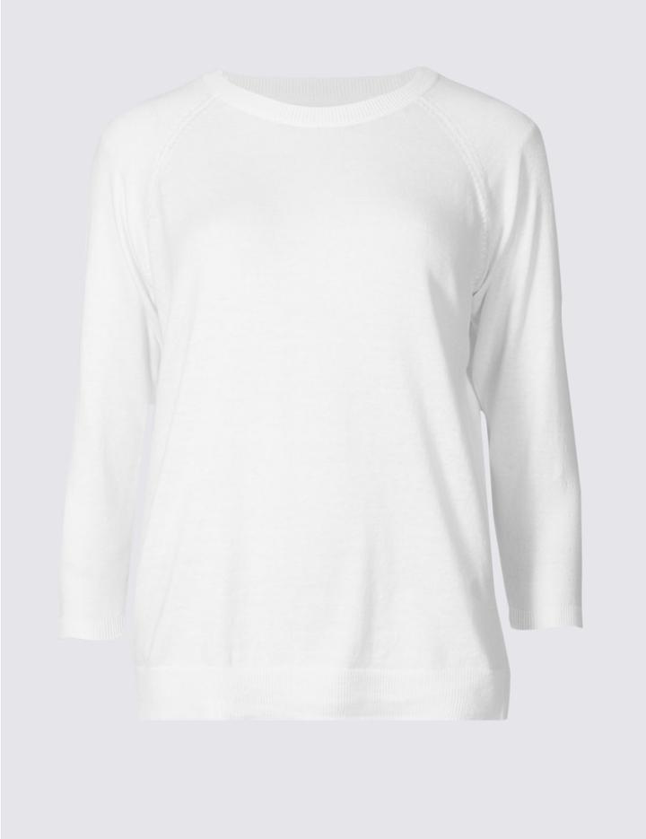 Marks & Spencer Pure Cotton Ribbed Round Neck Jumper White