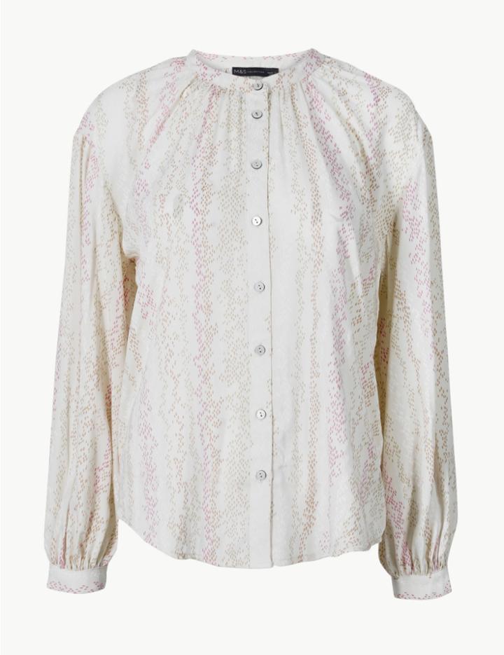 Marks & Spencer Animal Print High Neck Blouson Blouse Ivory Mix