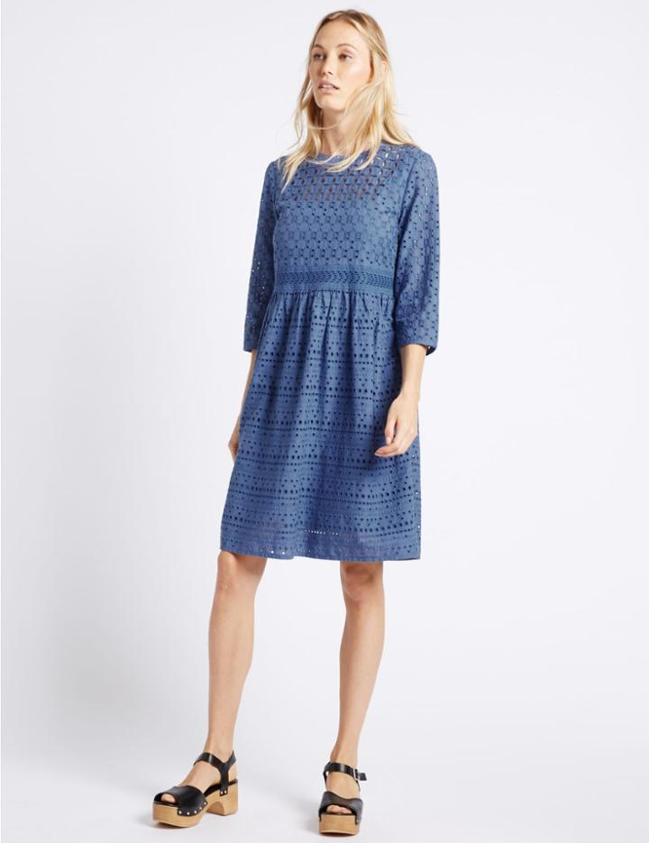 Marks & Spencer Denim Embroidered Tunic Midi Dress Blue