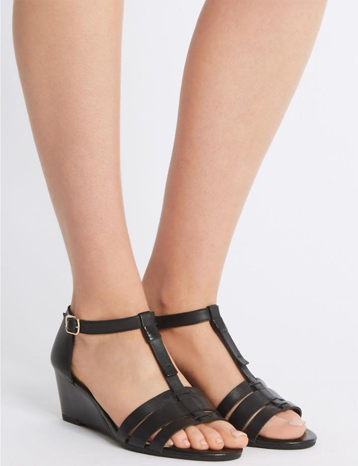 Marks & Spencer Wide Fit Leather Wedge Sandals Black