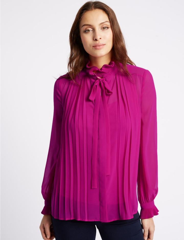 Marks & Spencer Pleated Tie Long Sleeve Blouse Fuchsia