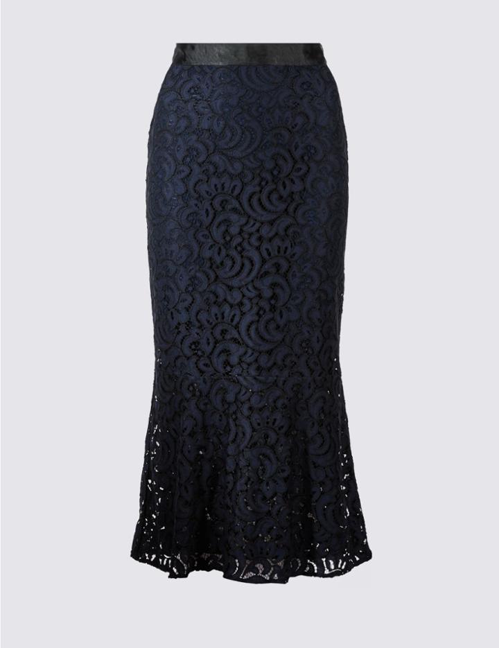 Marks & Spencer Cotton Blend Flared Lace Pencil Midi Skirt Navy