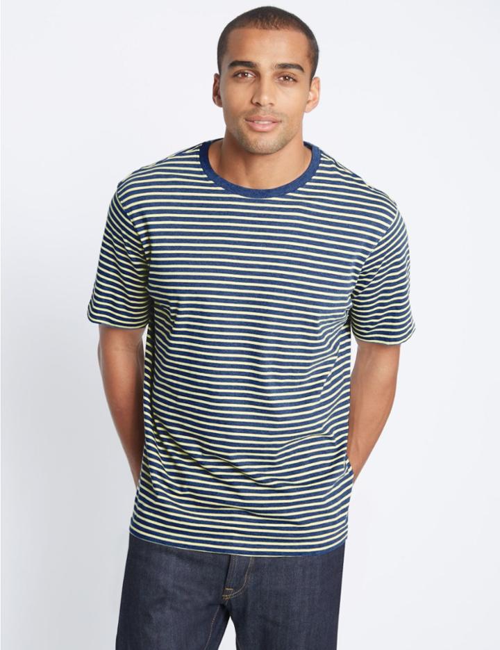 Marks & Spencer Pure Cotton Striped Crew Neck T-shirt Blue Mix