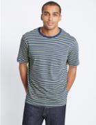 Marks & Spencer Pure Cotton Striped Crew Neck T-shirt Blue Mix