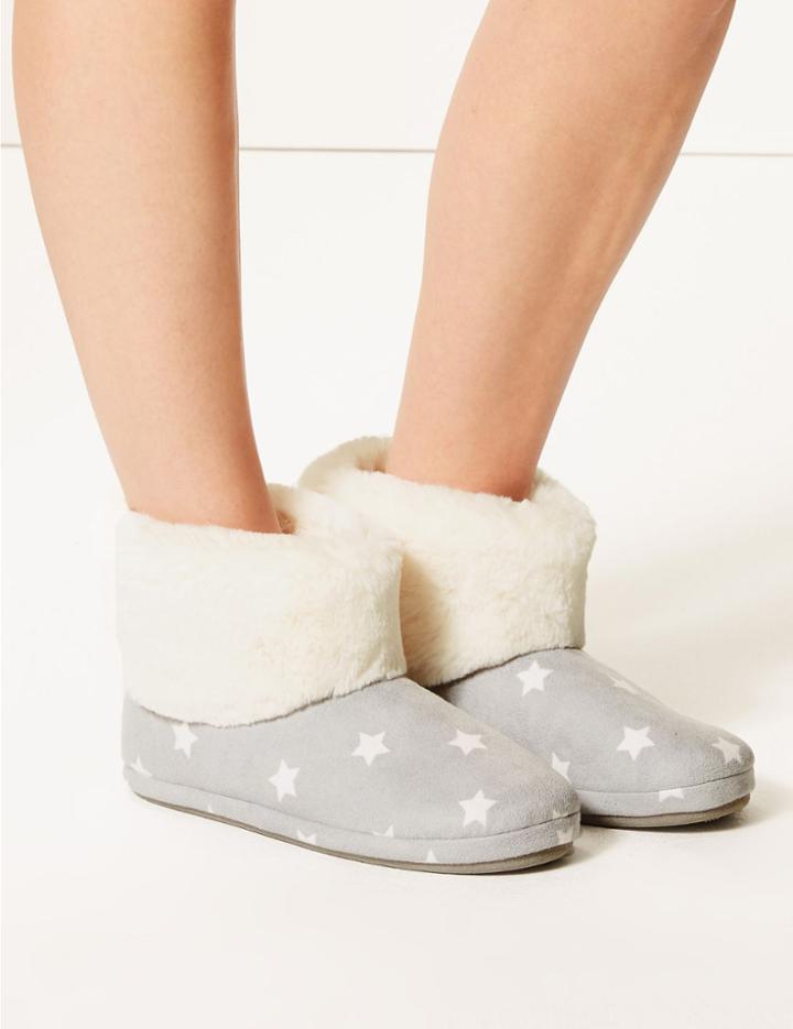 Marks & Spencer Star Print Faux Fur Slipper Boots Grey